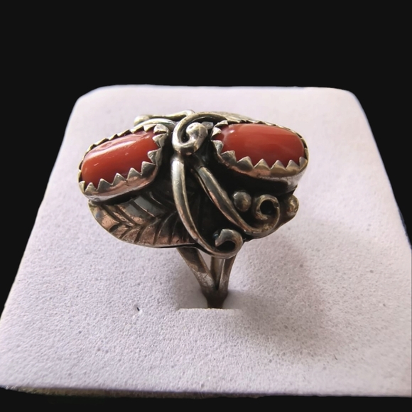 Vintage Native American Red Coral Split Shank Ring Small Size - Picture 11 of 12